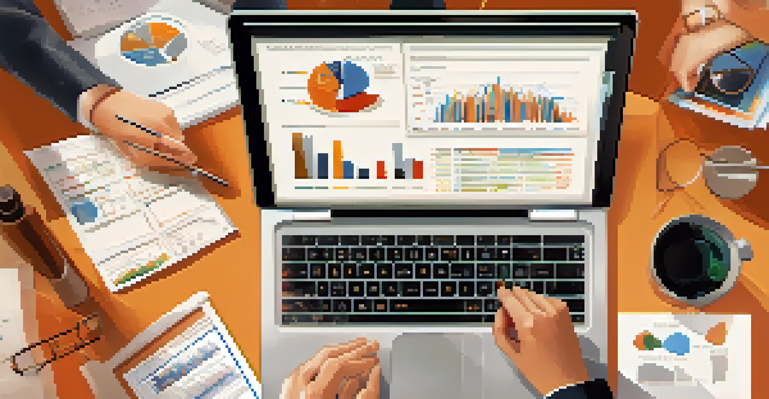 A close-up view of hands typing on a laptop with papers and charts around, representing the work of researchers in data sharing.