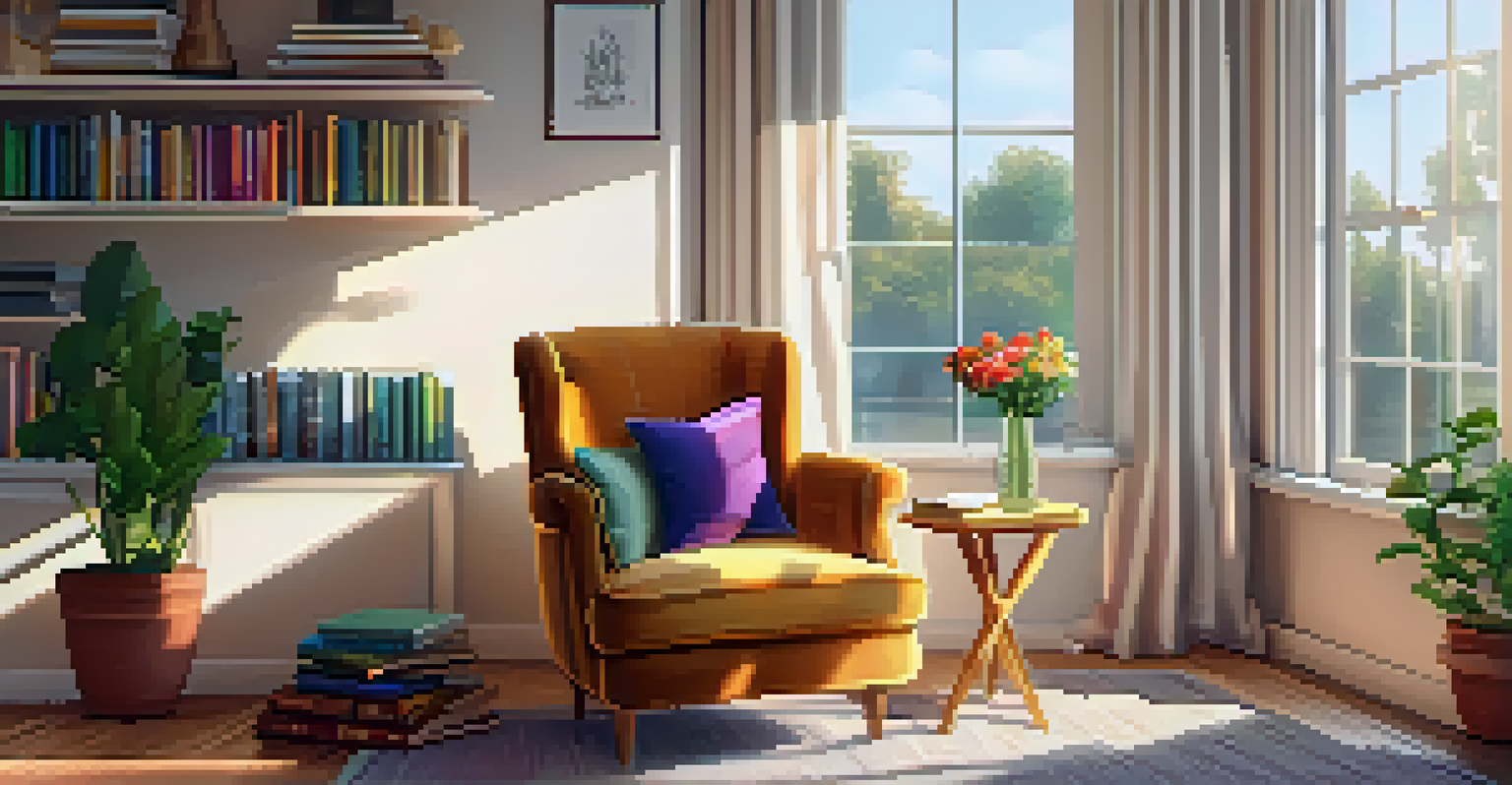 A cozy reading nook in a home workspace with a plush armchair, books, and a potted plant beside a sunny window.