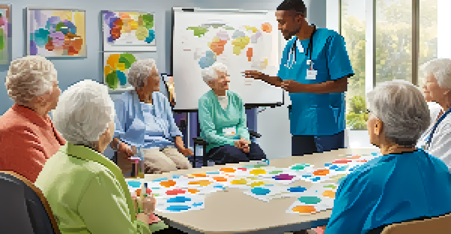 A healthcare provider explaining medication use to elderly patients and caregivers in an engaging educational session.