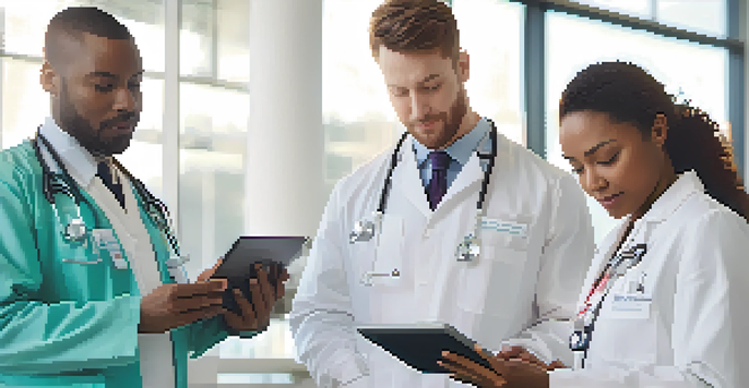 A diverse group of healthcare professionals collaborating over a tablet in a hospital, with sunlight illuminating their focused expressions.
