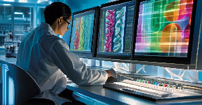A scientist closely examining DNA sequences on a computer screen in a bright and modern laboratory filled with lab equipment.