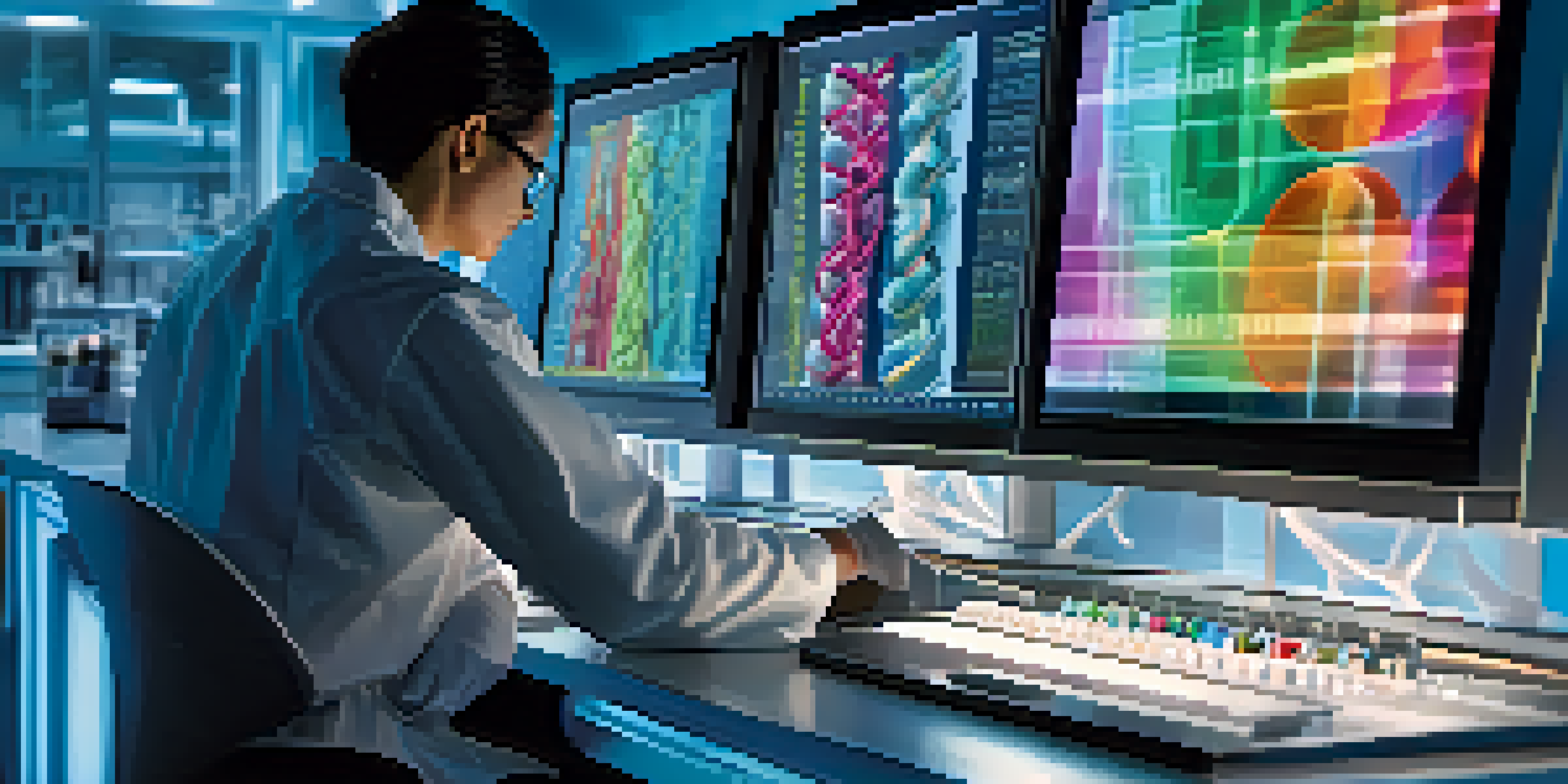 A scientist closely examining DNA sequences on a computer screen in a bright and modern laboratory filled with lab equipment.