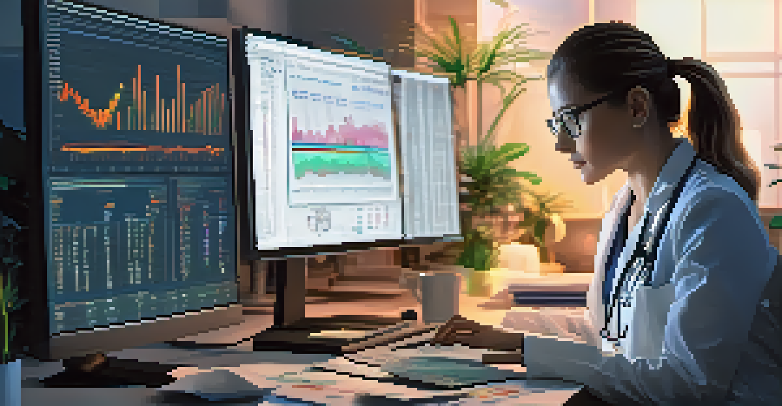 A healthcare professional examining medical images on a computer, with data visuals and plants around.