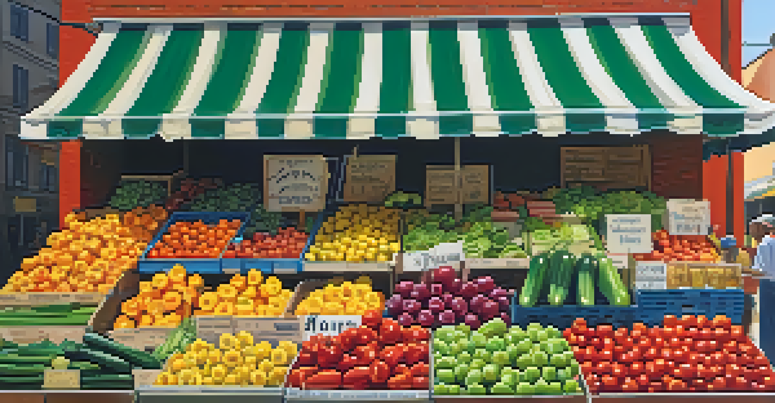 A close-up view of a farmer's market stall brimming with fresh fruits and vegetables under warm sunlight.