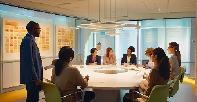 A diverse group of clinical trial participants discussing with a medical researcher in a consultation room.