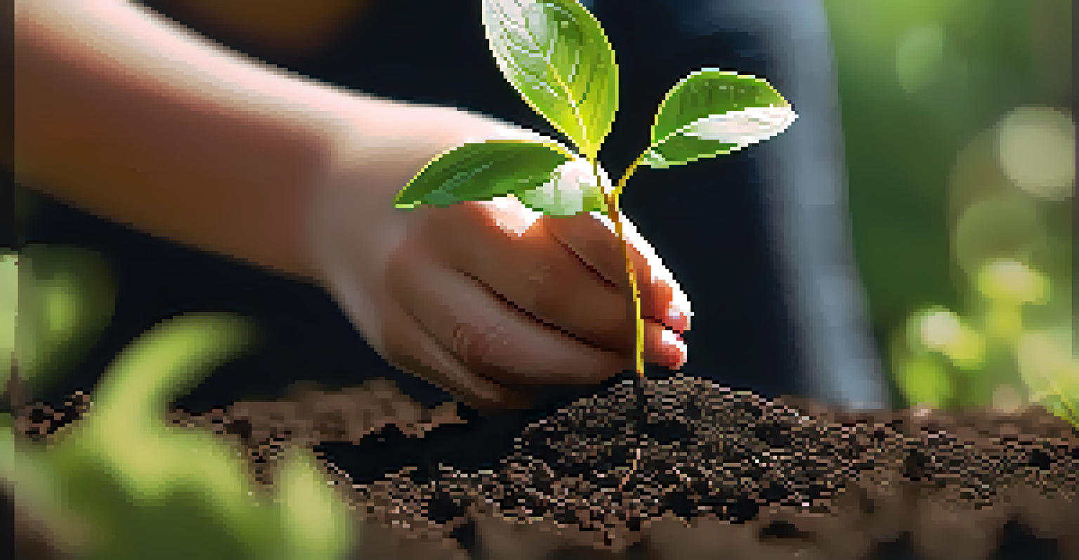 A hand planting a young sapling in dark soil, symbolizing growth and nurturing relationships.