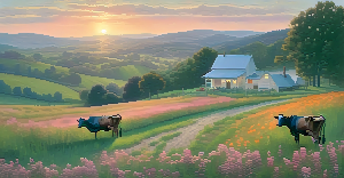 A peaceful rural scene with a farmhouse, rolling hills, and cows under a vibrant sunset sky.