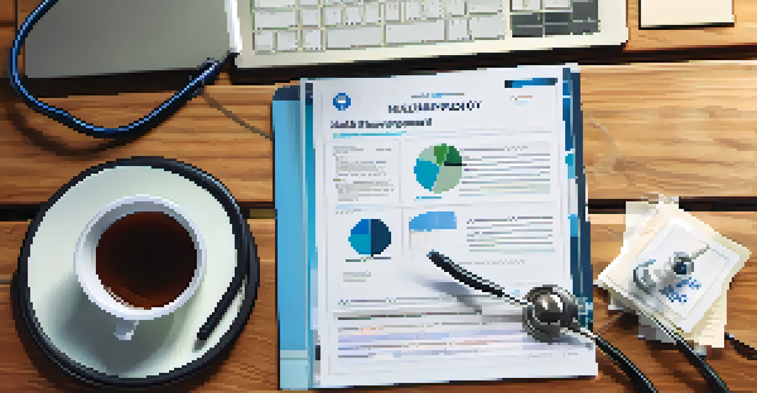 A close-up view of a healthcare policy document on a wooden table, with a laptop and stethoscope, showcasing charts and graphs.