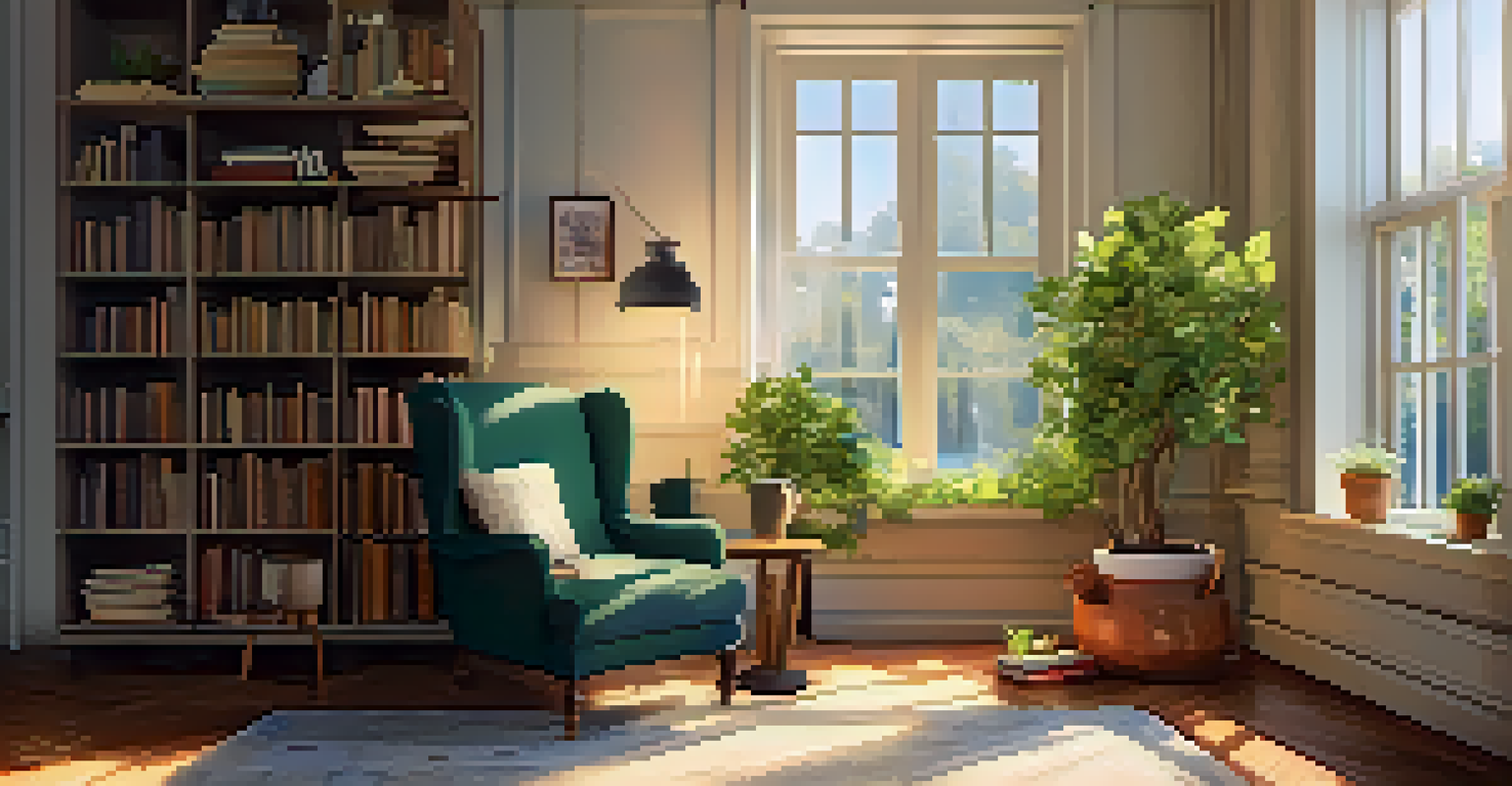 A cozy reading nook with sunlight streaming through a window, featuring an armchair and a cup of tea.
