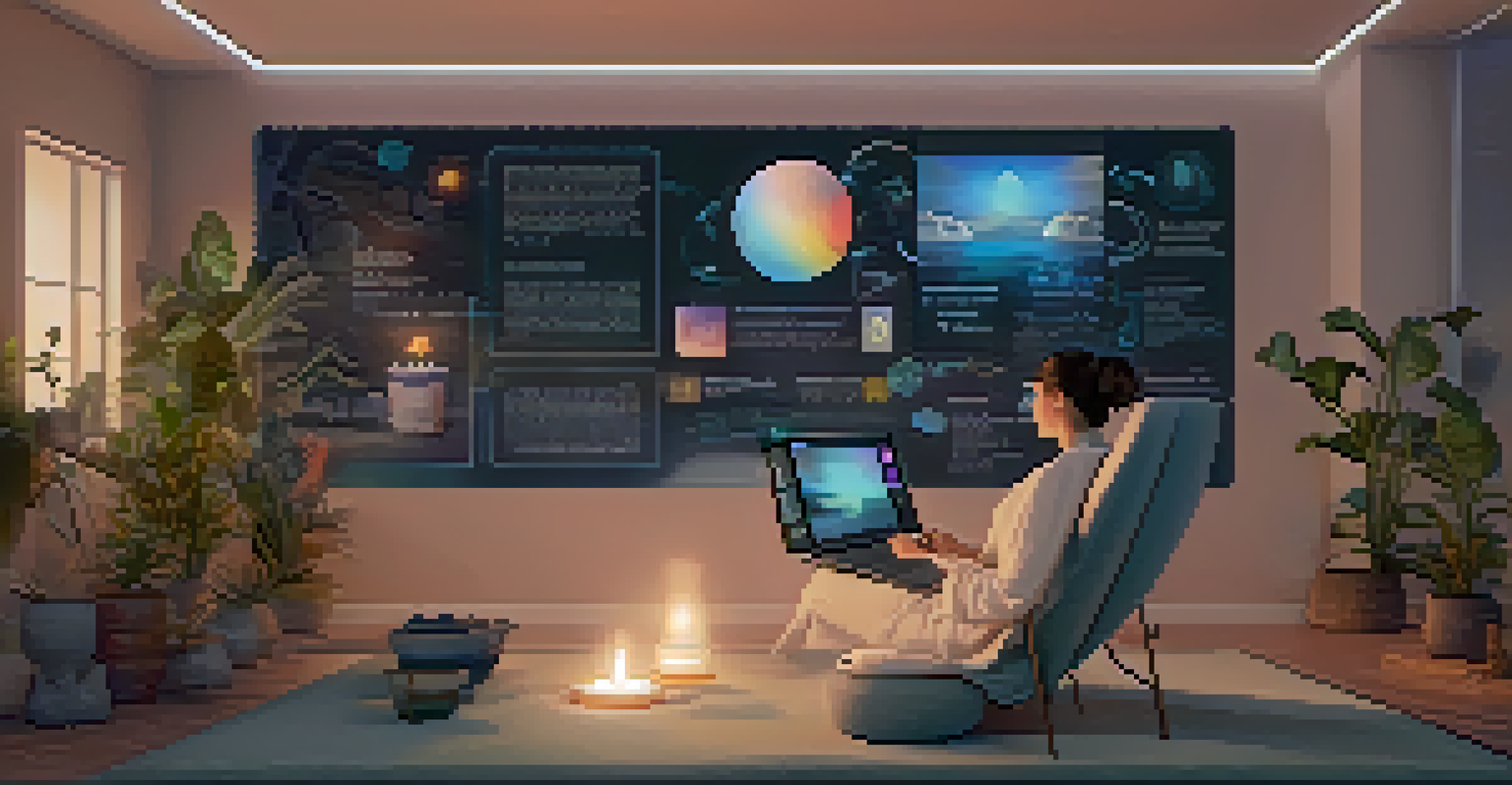 A therapist using a tablet with holographic mental health tools, in a peaceful setting filled with candles and plants.