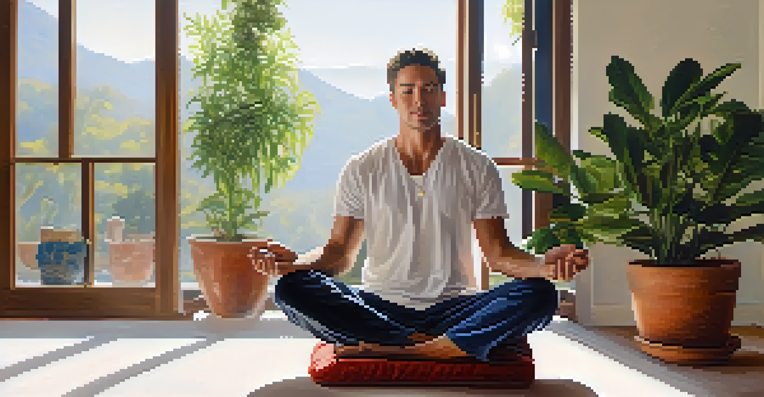 A close-up of a man meditating on a cushion in a bright room, expressing peace and tranquility.