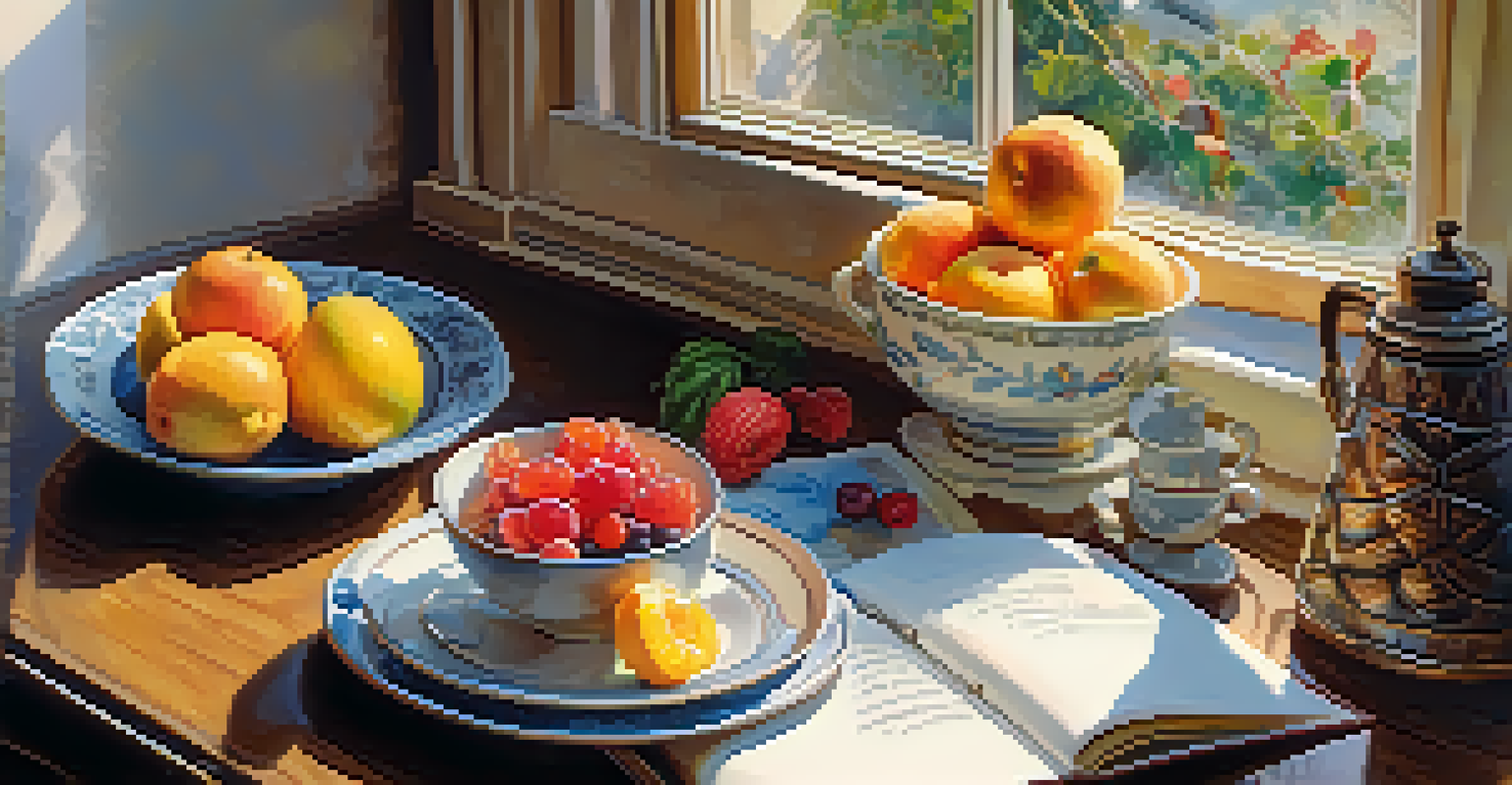 A breakfast table with a bowl of fruits, a cup of herbal tea, and a journal, bathed in soft morning light.