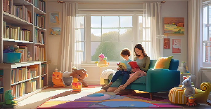 A mother reading a book to her child in a cozy living room filled with books and toys, with sunlight streaming through a window.