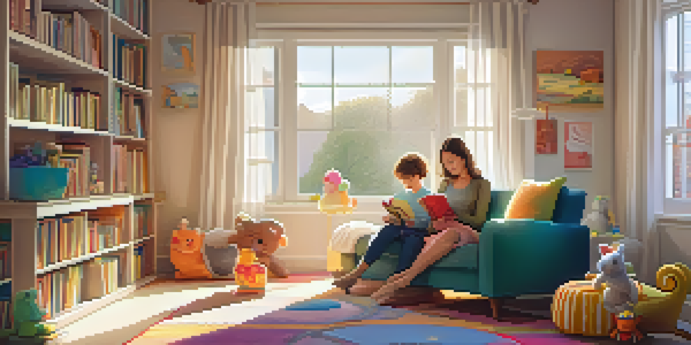A mother reading a book to her child in a cozy living room filled with books and toys, with sunlight streaming through a window.