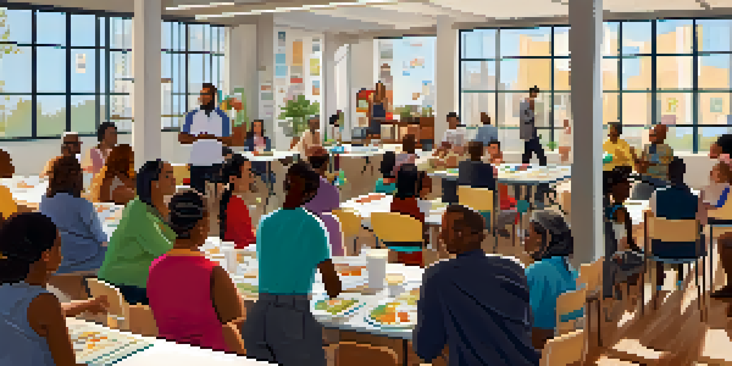 A diverse group of people participating in a community health education workshop, discussing health topics and reading materials in a bright room.