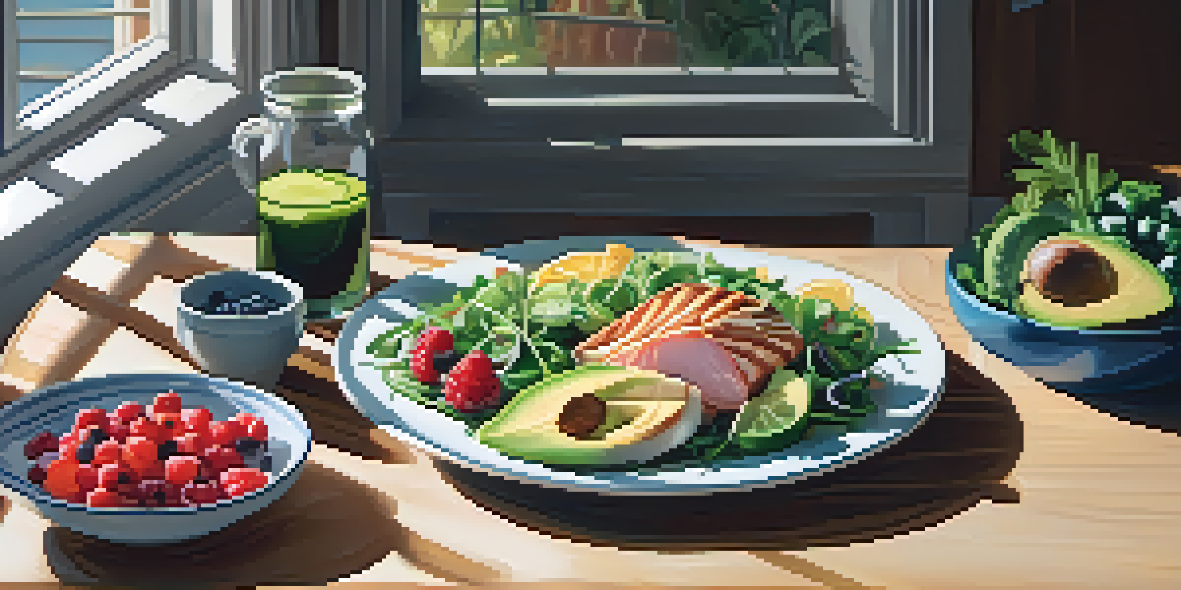 A colorful salad with leafy greens, berries, avocado, and grilled fish on a wooden table, illuminated by sunlight.