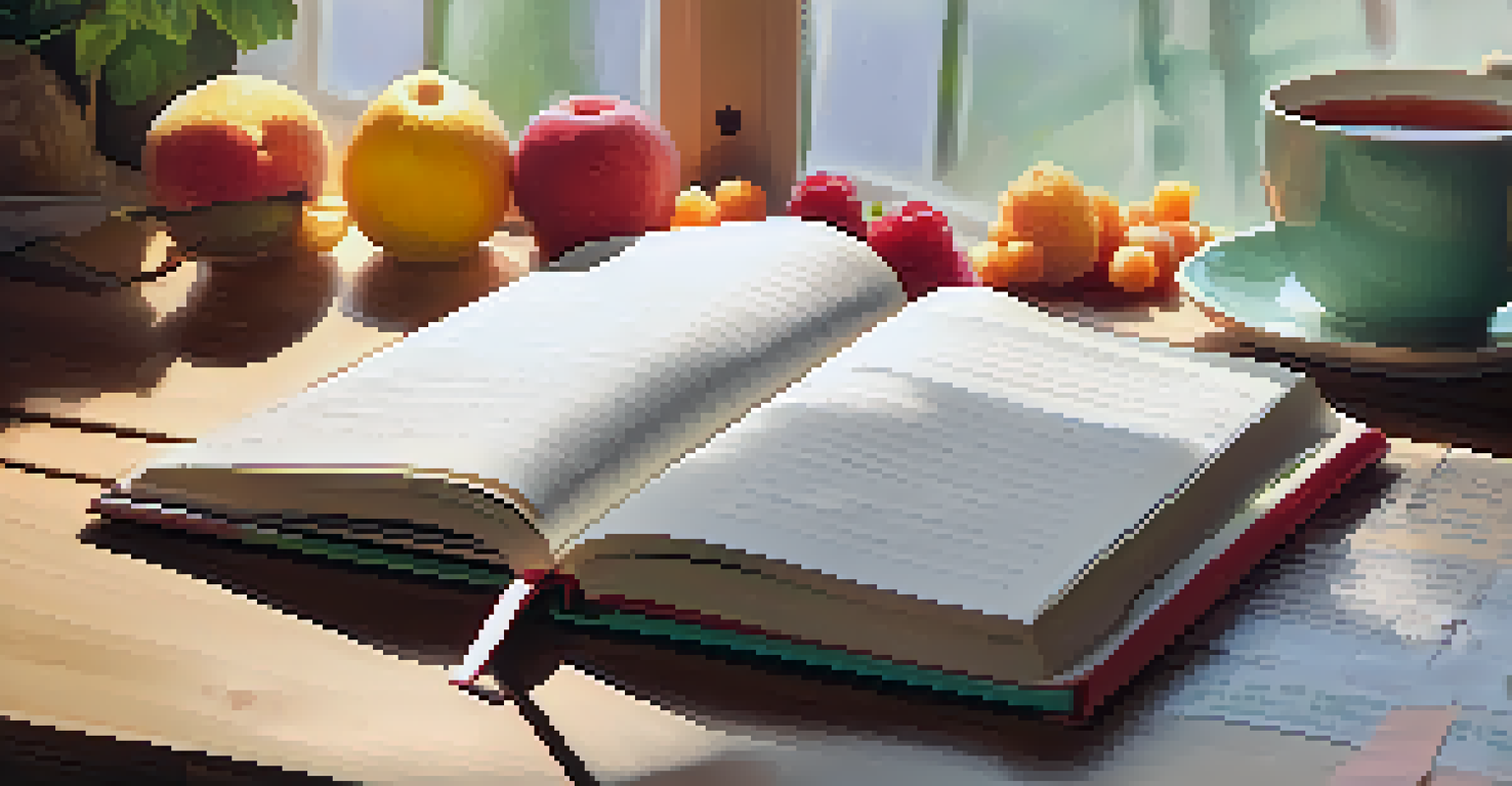 A close-up of a goal-setting journal with SMART goals written inside, surrounded by motivational quotes, fruits, and a cup of tea on a wooden table.