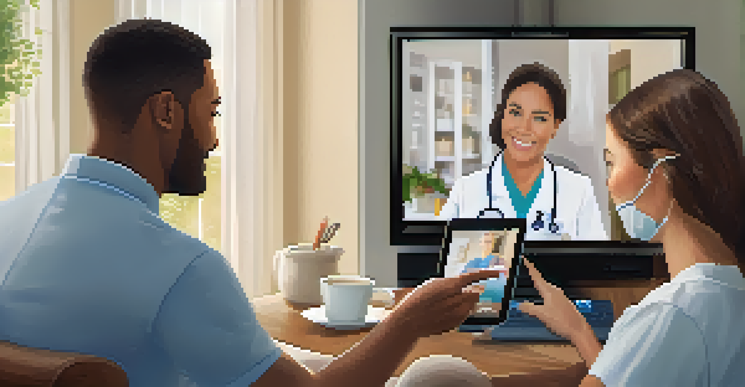 A healthcare professional conducting a telehealth consultation with a patient at home, showcasing a cozy living room and a tablet screen.