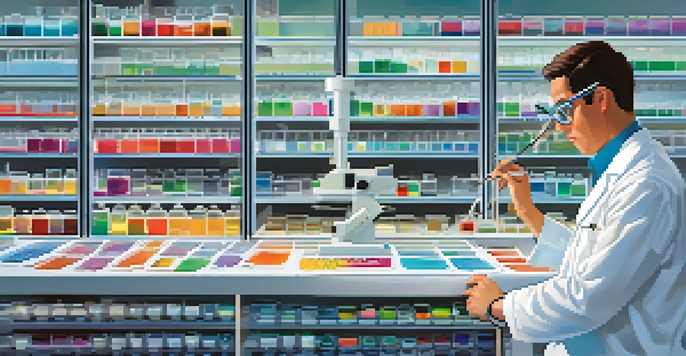 A researcher in a lab coat examining a petri dish filled with colorful bacterial cultures under a microscope in a modern laboratory.