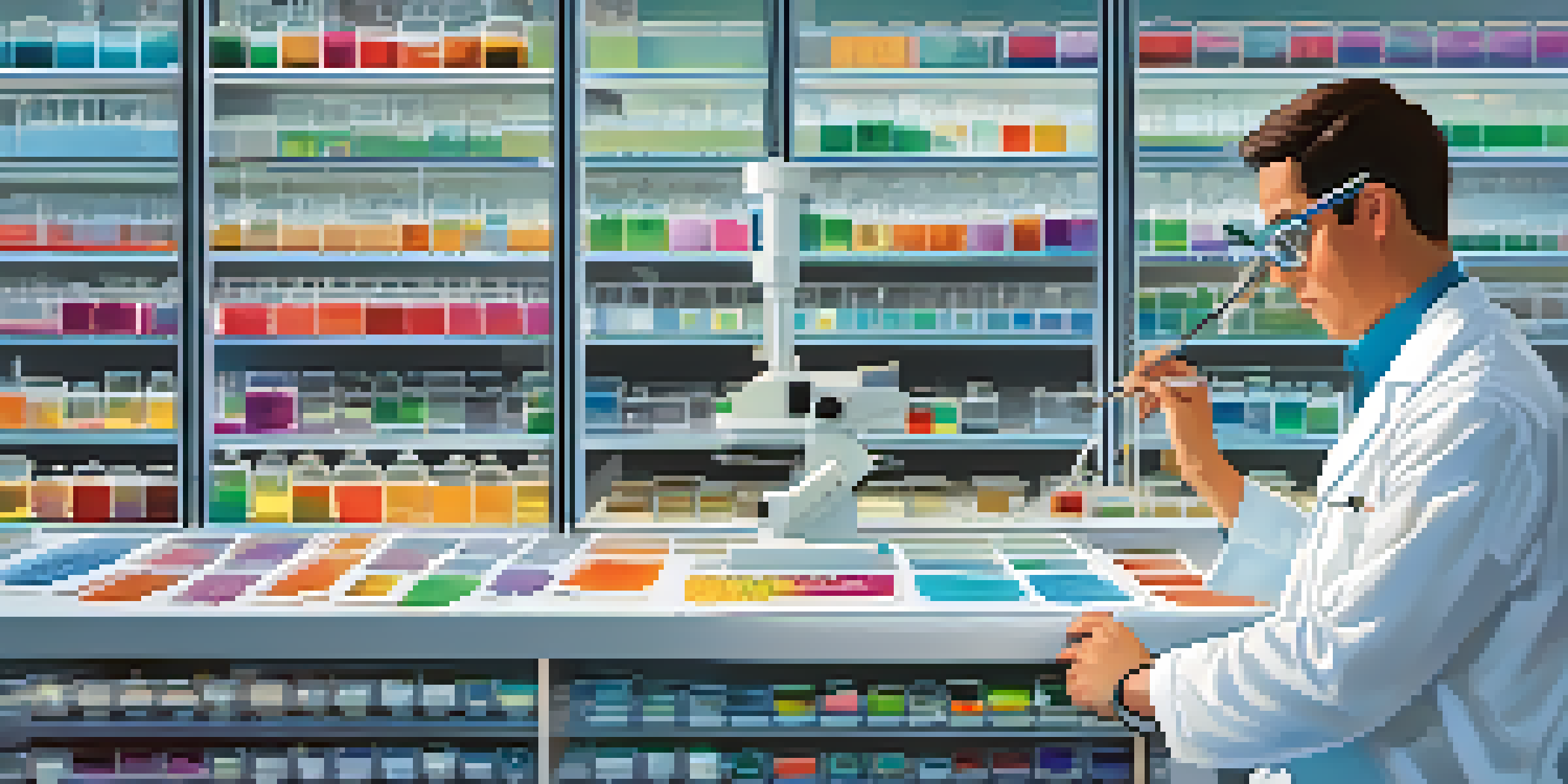 A researcher in a lab coat examining a petri dish filled with colorful bacterial cultures under a microscope in a modern laboratory.