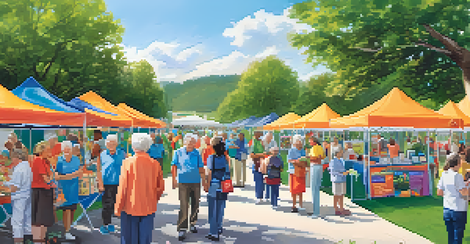 An outdoor health fair for seniors with various booths offering health screenings and wellness activities, filled with older adults engaging and learning.
