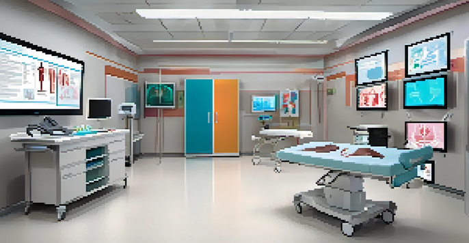 A healthcare training room filled with advanced simulation technology, featuring a mannequin and virtual reality setup, bright lighting, and educational posters.