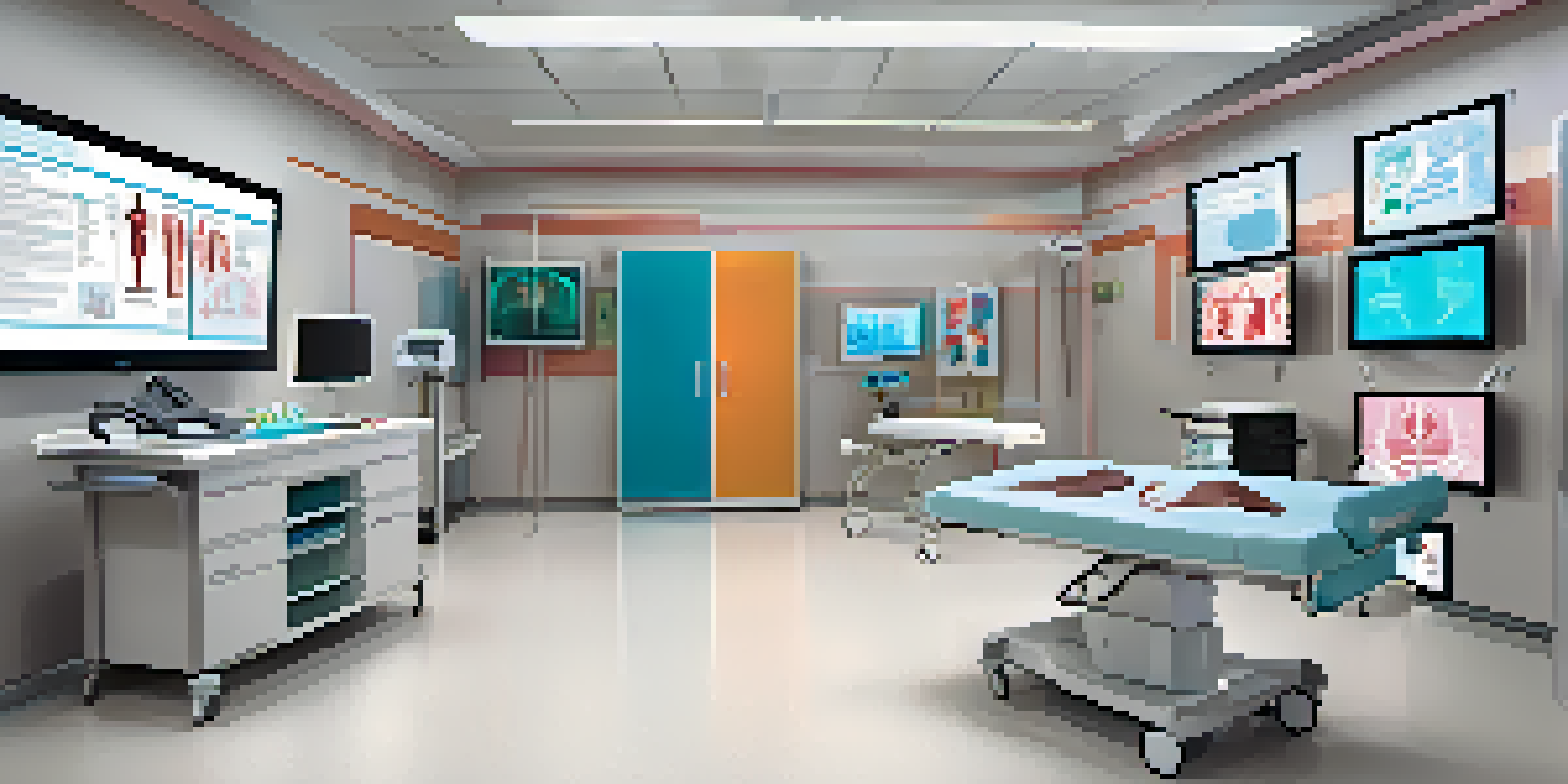 A healthcare training room filled with advanced simulation technology, featuring a mannequin and virtual reality setup, bright lighting, and educational posters.