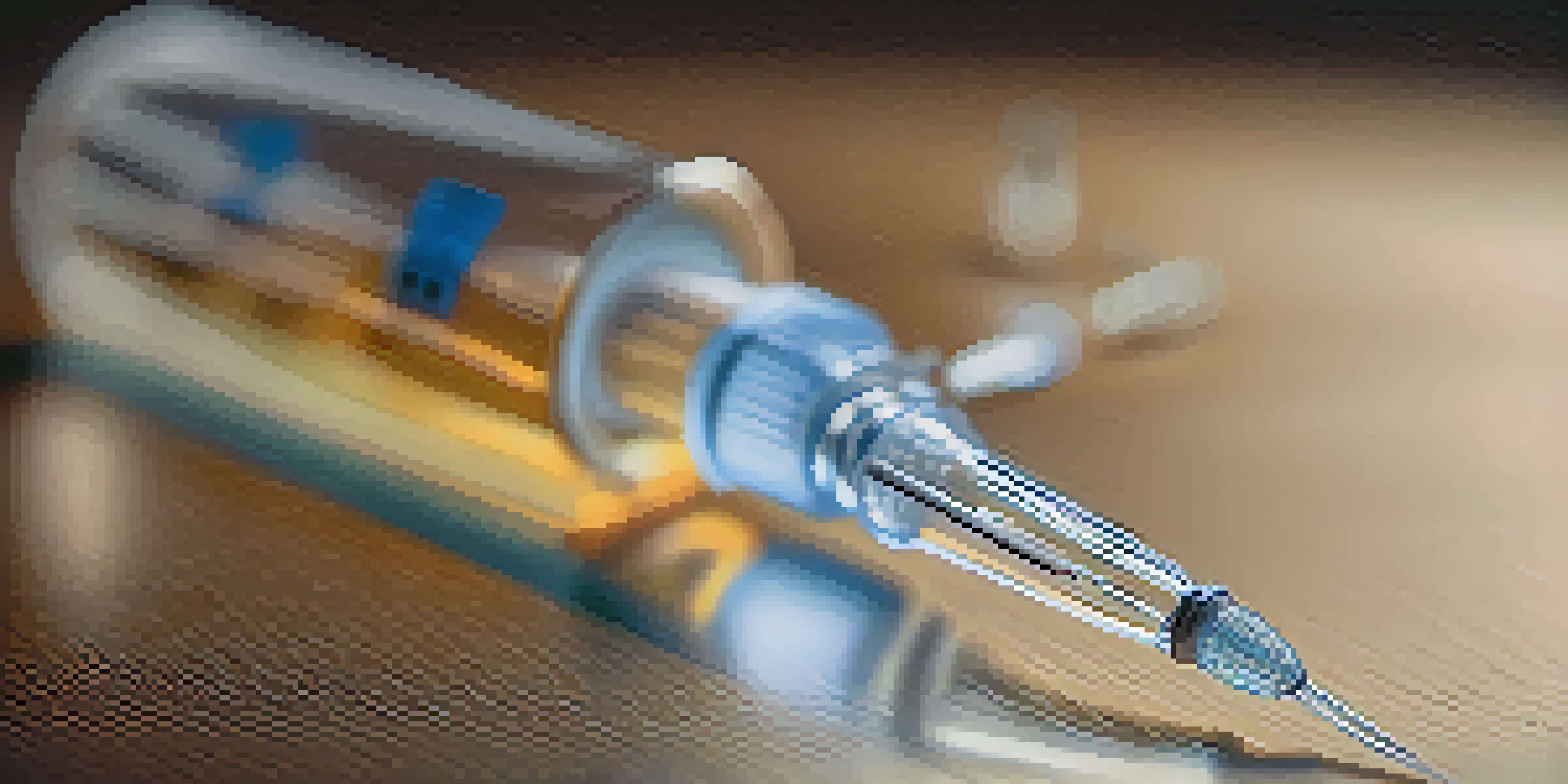 A close-up view of a microneedle device next to a vial of vaccine on a sterile table, highlighting the tiny size and intricate details of the needles.