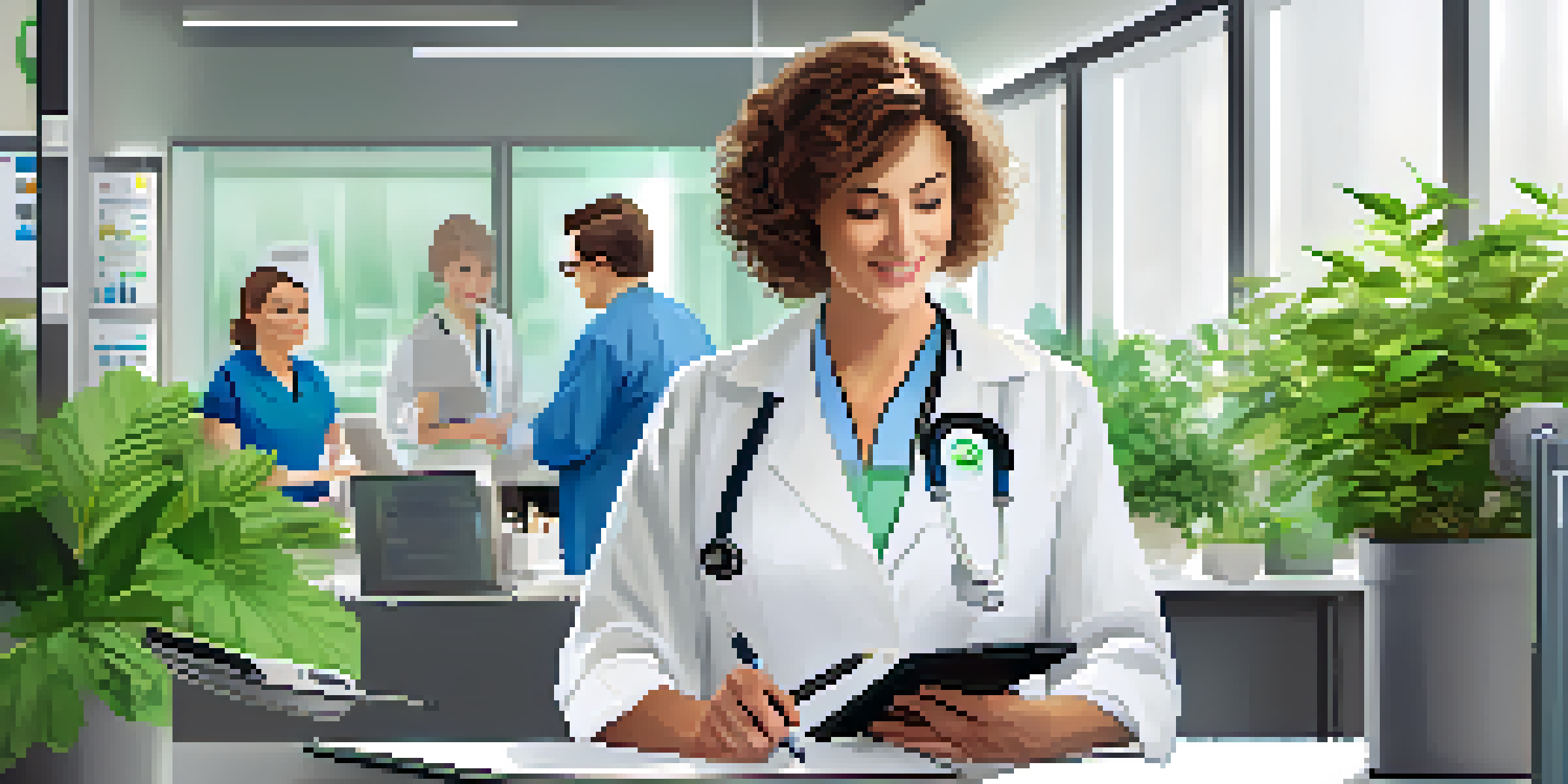 An occupational health nurse assessing an employee's health in a bright modern office, using a tablet.
