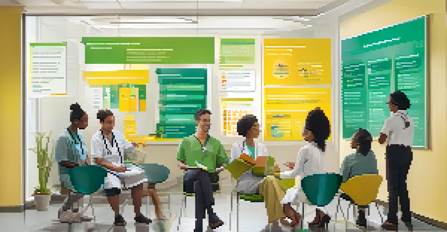 Healthcare providers explaining genomic testing to a diverse group of patients in a welcoming clinic.