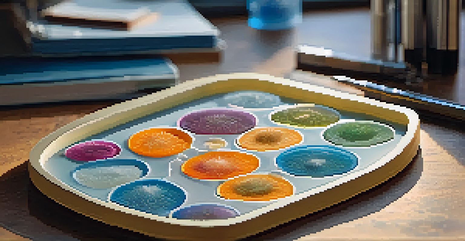 A close-up of a petri dish with growing cell cultures under a microscope, placed on a wooden table with laboratory tools in the background.