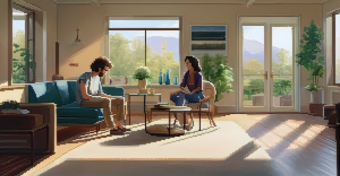 A woman in glasses and a young man sit in a cozy room, engaged in a deep conversation, surrounded by warm light and a potted plant.