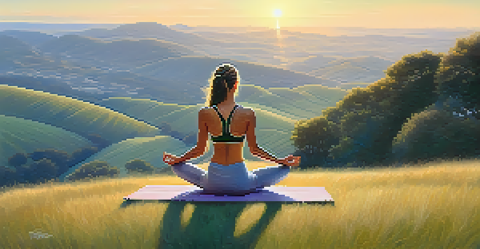 A woman practicing yoga on a grassy hilltop during sunrise, surrounded by rolling hills and a clear sky.