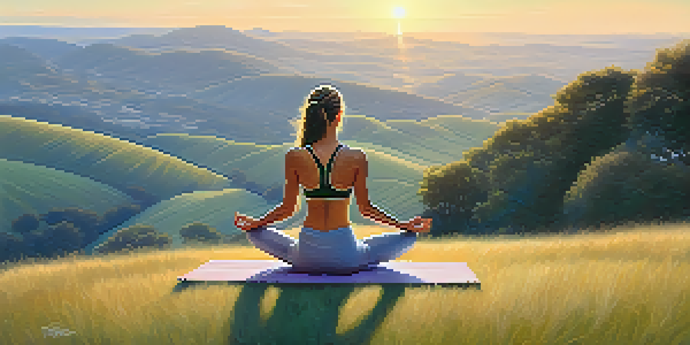 A woman practicing yoga on a grassy hilltop during sunrise, surrounded by rolling hills and a clear sky.