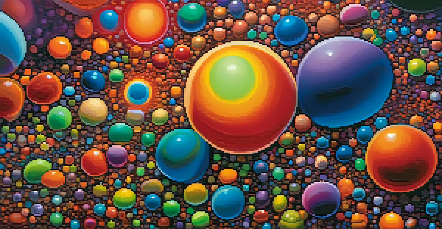 An abstract representation of stem cells depicted as glowing spheres in vibrant colors, surrounded by a dynamic background.