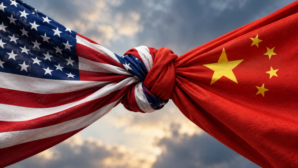 The image depicts a tightly knotted juncture of the flags of the United States and China, symbolizing the complex relationship between the two nations. The dramatic backdrop features a cloudy sky, enhancing the sense of tension and connection.