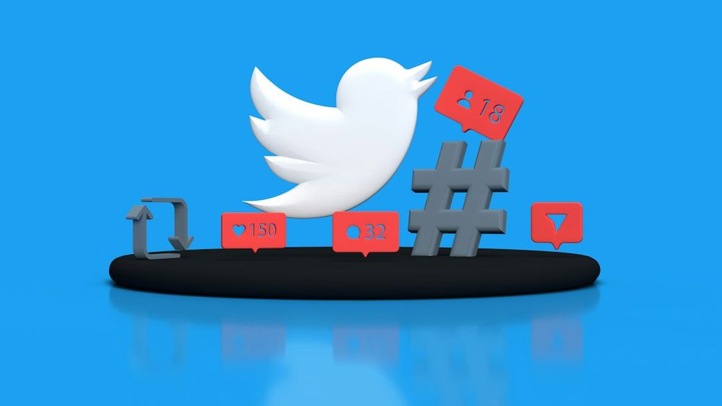 The image features a stylized Twitter logo alongside various social media icons, including notification and hashtag symbols. The bright blue background emphasizes the digital engagement theme. — Credit: Photo by Shutter Speed on Unsplash