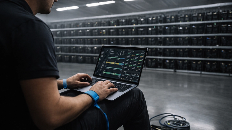 A person is seated in a data center, working on a laptop that displays trading data. The background features rows of servers, indicating a technological environment.