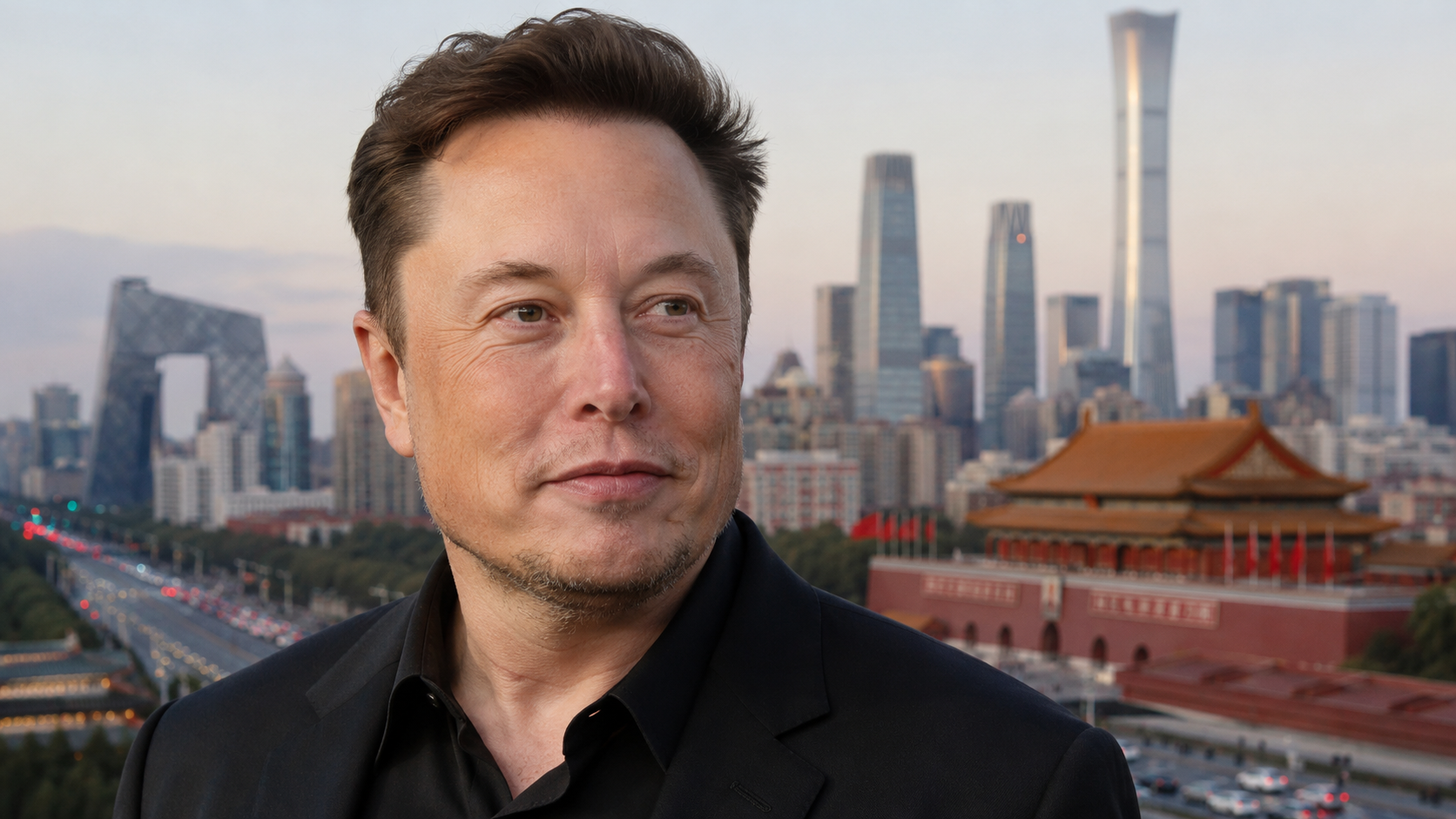 The image features a close-up of a man with short, dark hair, standing in front of a city skyline that includes modern skyscrapers and traditional architecture. The background suggests a vibrant urban landscape, possibly in a major city such as Beijing, indicative of the intersection between innovation and tradition, a theme often associated with Elon Musk and Tesla's global outreach.