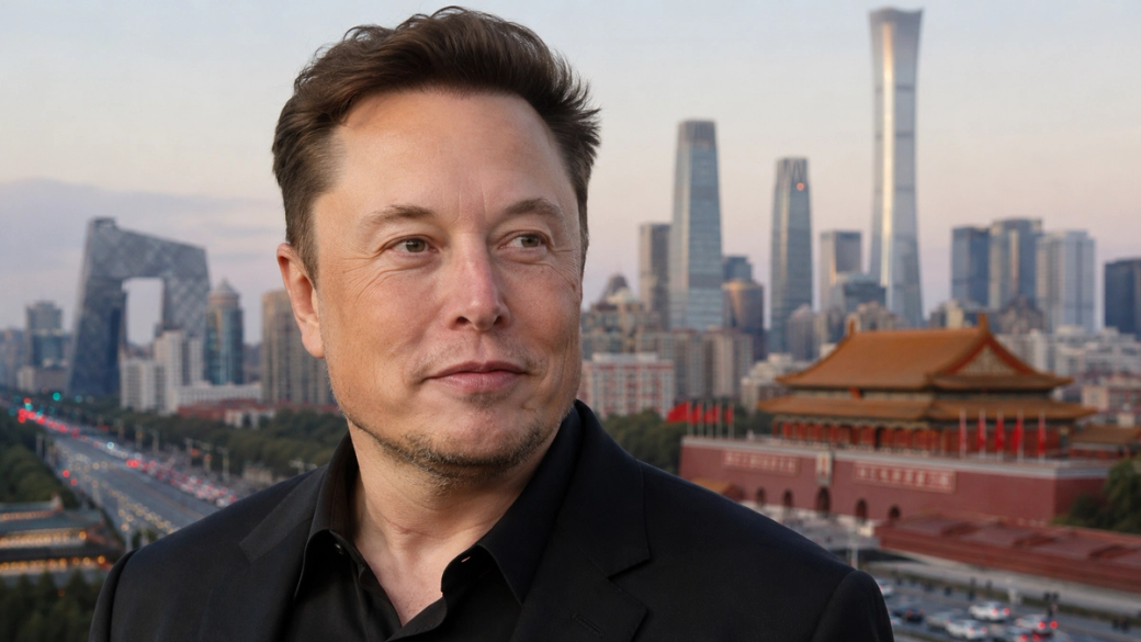 The image features a close-up of a man with short, dark hair, standing in front of a city skyline that includes modern skyscrapers and traditional architecture. The background suggests a vibrant urban landscape, possibly in a major city such as Beijing, indicative of the intersection between innovation and tradition, a theme often associated with Elon Musk and Tesla's global outreach.