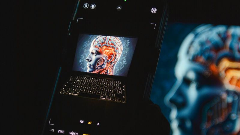The image shows a close-up of a smartphone featuring a digital representation of a brain with neon circuits. The background exhibits a blurred outline of a human profile, suggesting themes of technology and artificial intelligence.