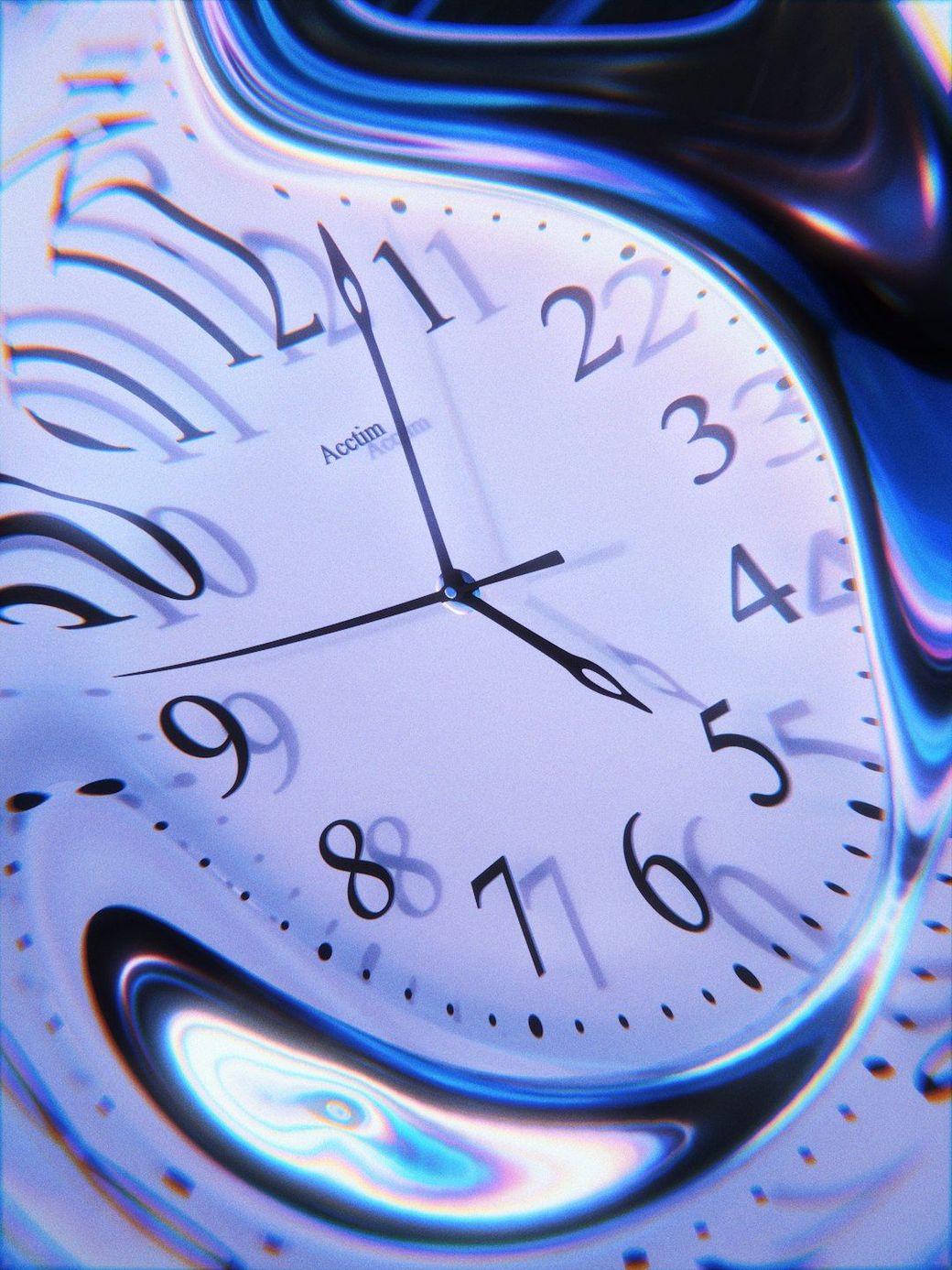 The image features a distorted view of a wall clock, showcasing its face with numbers clearly visible. The abstract distortion adds a surreal and artistic effect to the depiction of time. — Credit: Photo by Marko Brečić on Unsplash