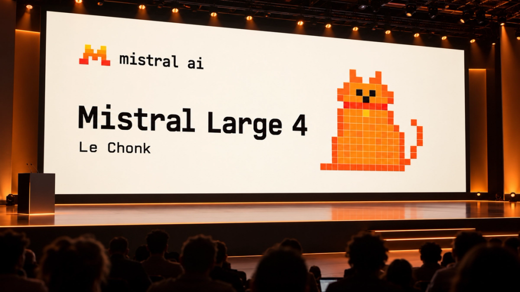 The image displays a stage setup at a launch event for Mistral AI, featuring a large screen with a pixelated cat design and text that reads 'Mistral Large 4'. The audience is partially visible in the foreground, indicating a presentation or announcement in progress.