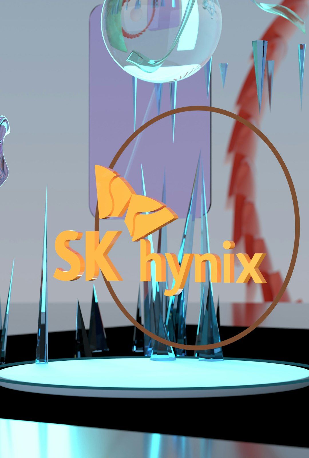 The image features a stylized representation of the SK hynix logo, surrounded by abstract geometric shapes and sharp peaks. The design conveys a modern and innovative aesthetic, suggesting a connection to technology and digital environments.