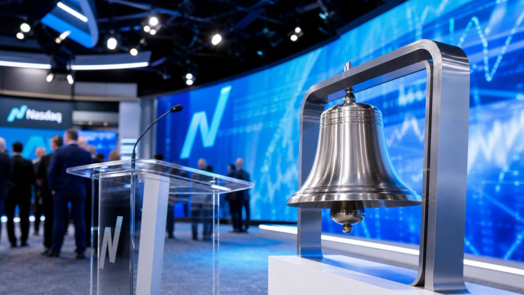 The image features a Nasdaq bell positioned prominently in the foreground, symbolizing stock market trading. In the background, an audience is gathered in front of a large digital display showing financial market data and graphs.