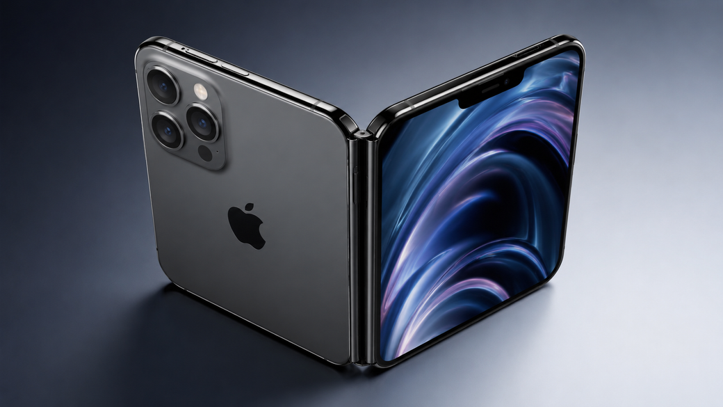 The image features a foldable smartphone with a sleek metallic finish. The device is open to showcase the dual-screen design, highlighting its modern technology and aesthetic.