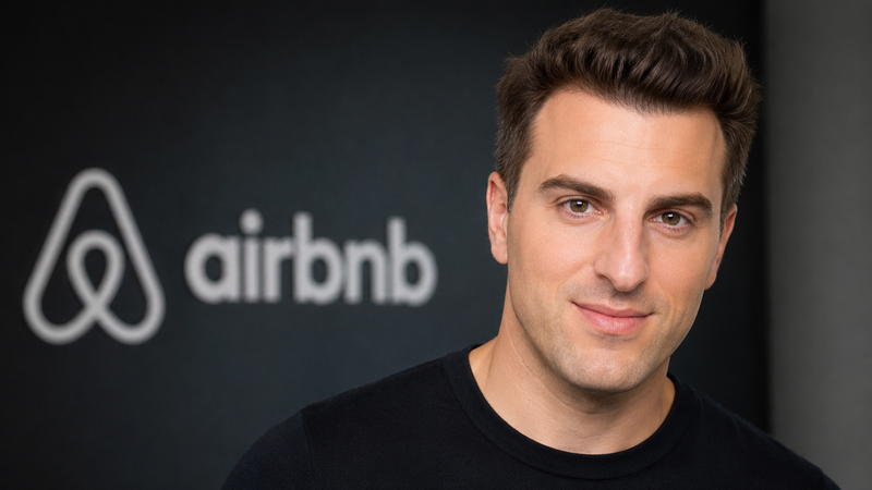 A man poses for a photograph in front of an Airbnb logo, conveying a professional atmosphere. The background features branding elements associated with Airbnb.