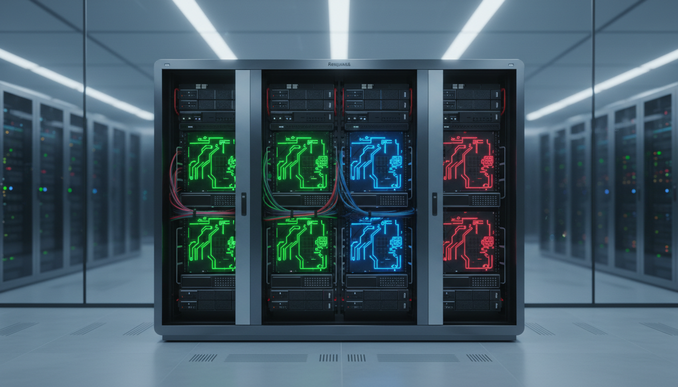 The image showcases a modern server rack with illuminated components, highlighting the technological advancements in server design. The rack features a symmetrical layout of servers, illuminated in vibrant colors, set within a sleek, controlled data center environment. This composition emphasizes the competition in AI hardware developments, reflecting Nvidia's positioning within the financial technology sector.
