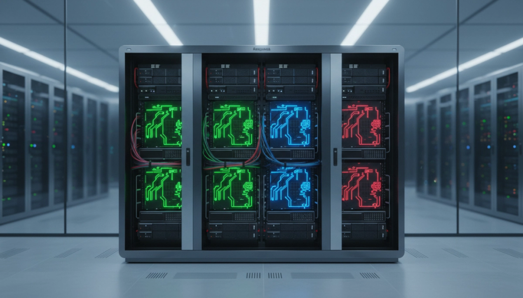 The image showcases a modern server rack with illuminated components, highlighting the technological advancements in server design. The rack features a symmetrical layout of servers, illuminated in vibrant colors, set within a sleek, controlled data center environment. This composition emphasizes the competition in AI hardware developments, reflecting Nvidia's positioning within the financial technology sector.