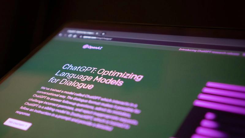 The image displays a close-up view of a webpage featuring information about ChatGPT, specifically focusing on optimizing language models for dialogue. The website has a dark background with vibrant text highlighting the features of the model.
